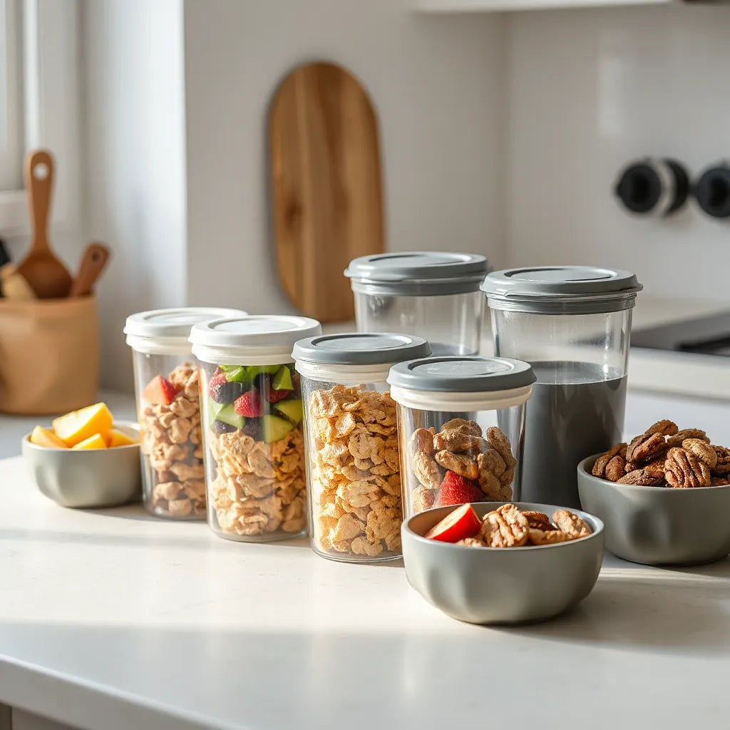 Assorted premium snack containers with lids next to sliced fruit on a clean kitchen counter
