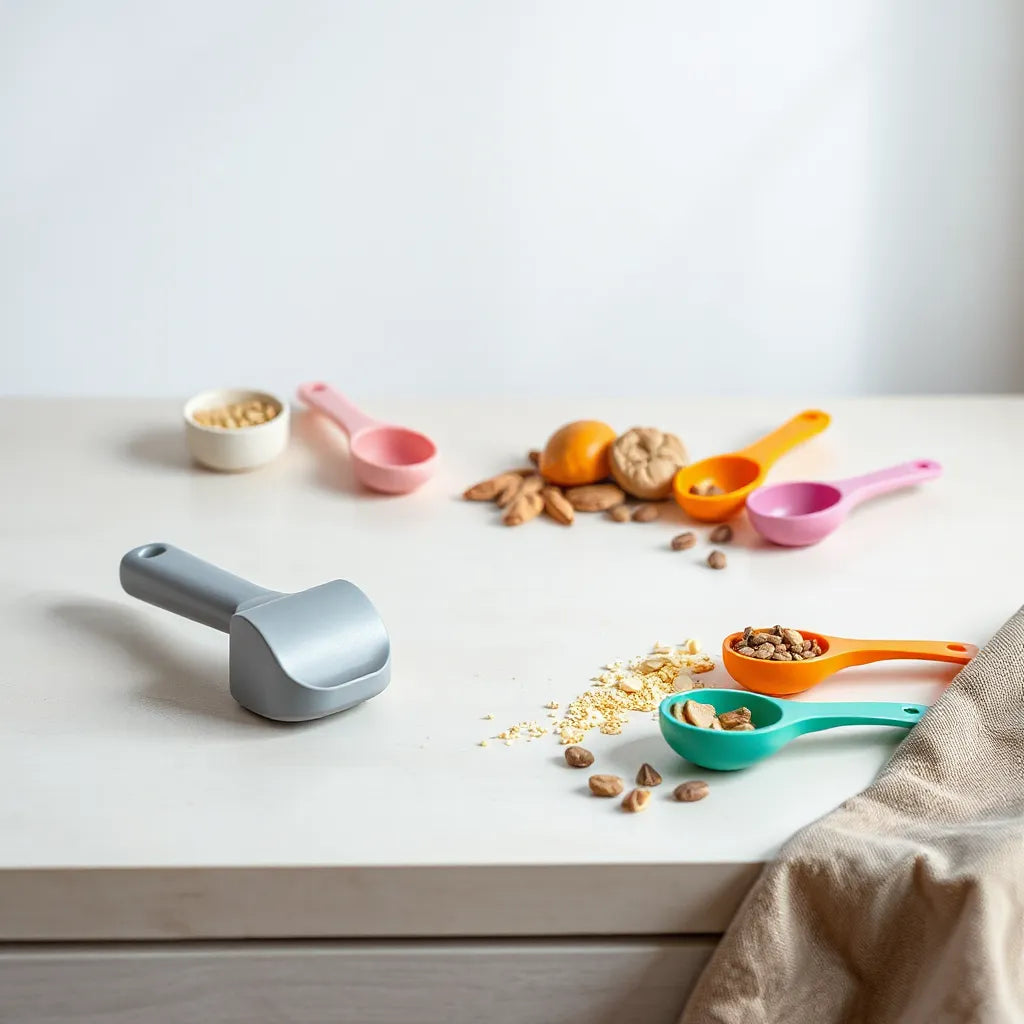 Modern scoop tool on a clean tabletop with neatly arranged colorful stationery items beside it.