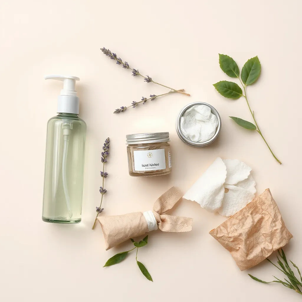 Eco-friendly skincare bottles, refillable containers, and botanicals on a clean light background