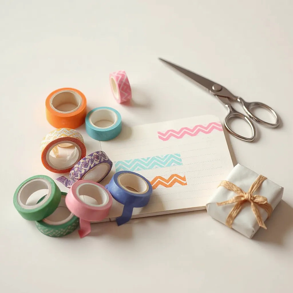 Colorful washi tape rolls arranged next to a notebook, scissors, and a neatly taped gift corner.