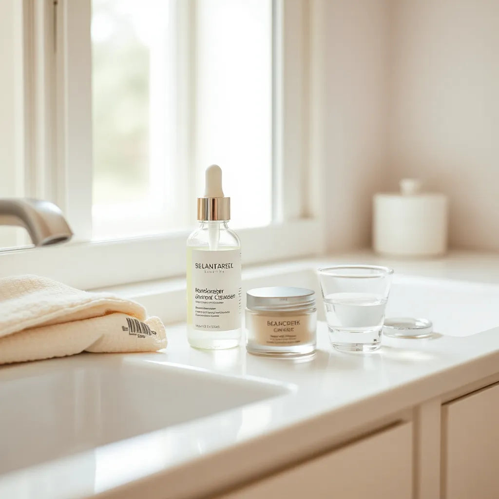 Skincare bottles and a dropper serum on a bright bathroom vanity for acne care