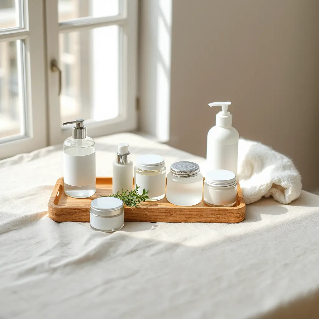 Minimal skincare bottles and jars with natural herb leaves on a linen surface in soft daylight