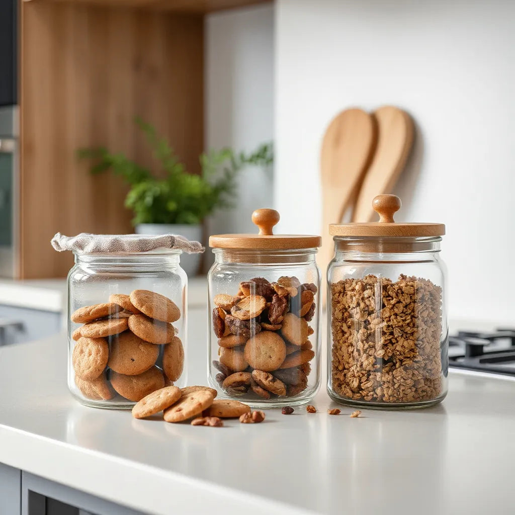 Decorative ceramic and glass snack containers with assorted snacks on a tidy kitchen countertop