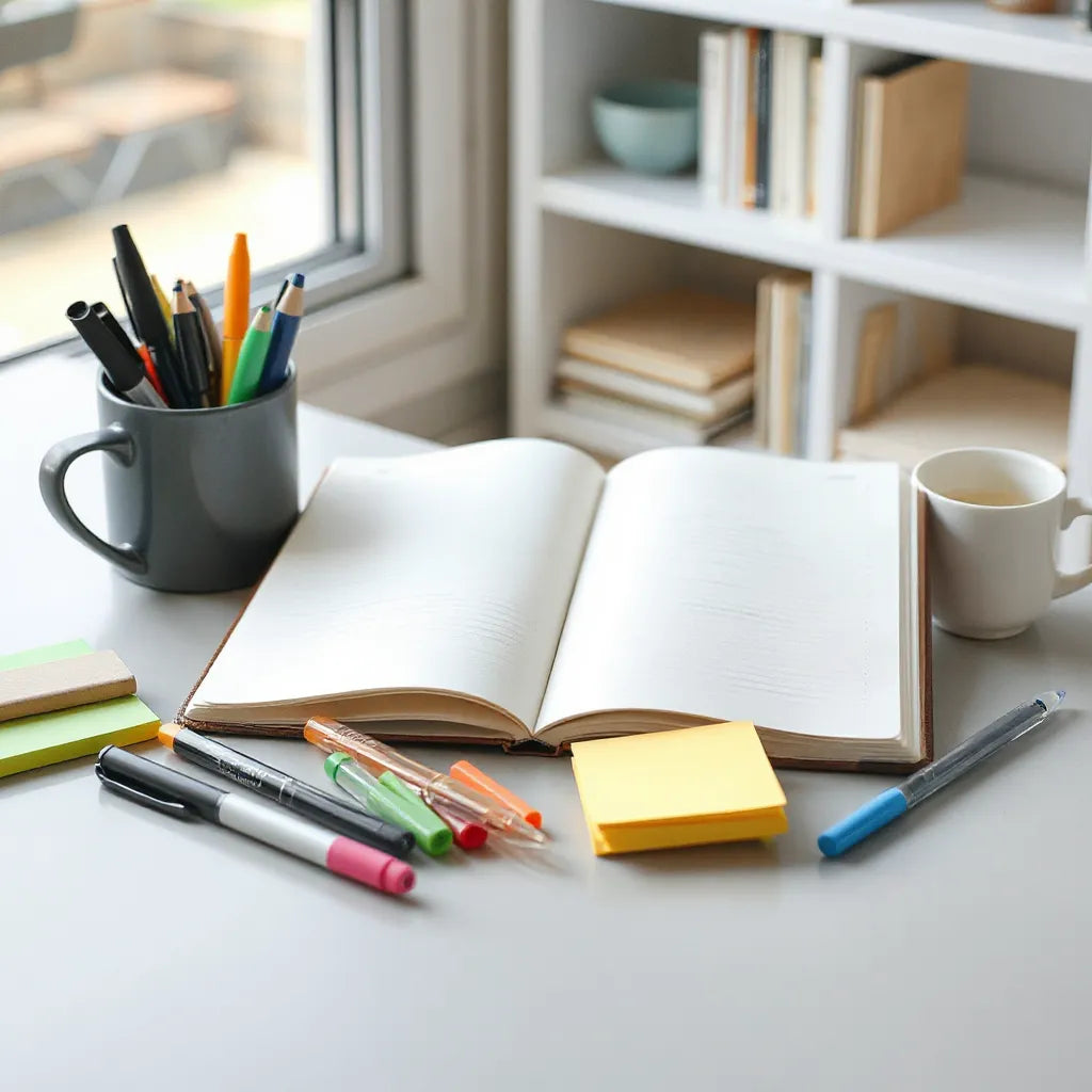 Colorful pens and markers beside an open notebook on a tidy desk