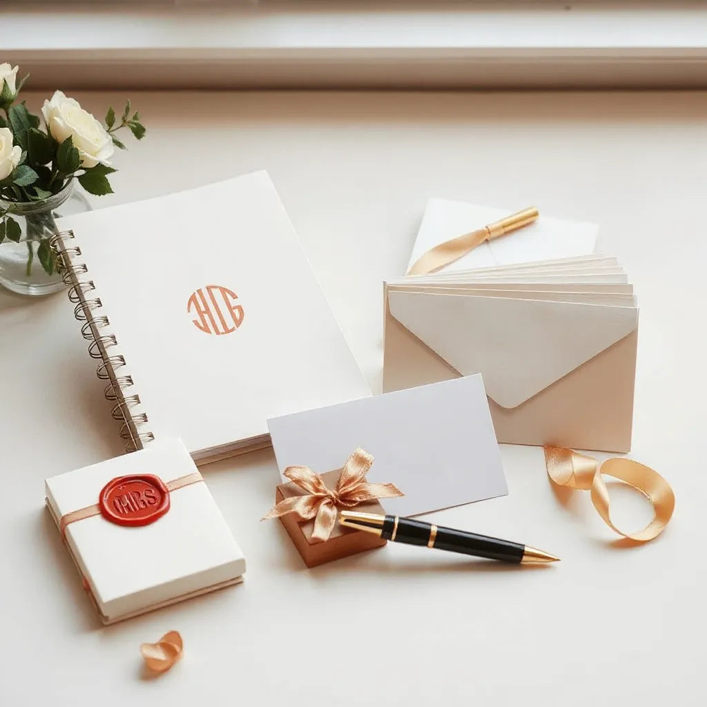 Monogrammed notebook, blank thank-you cards, ribboned envelope, and pen on a tidy desk