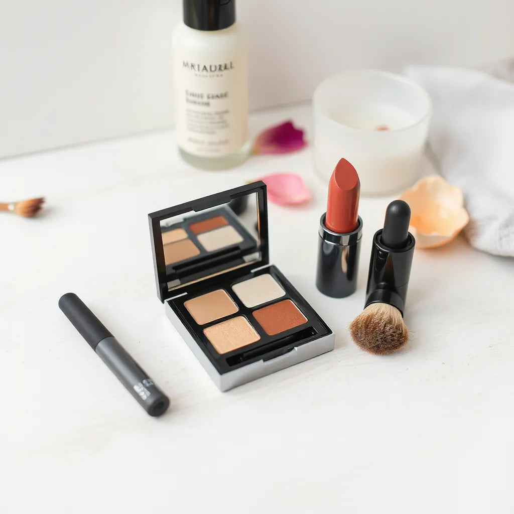 Neatly arranged makeup items on a light countertop with natural accents and soft daylight.