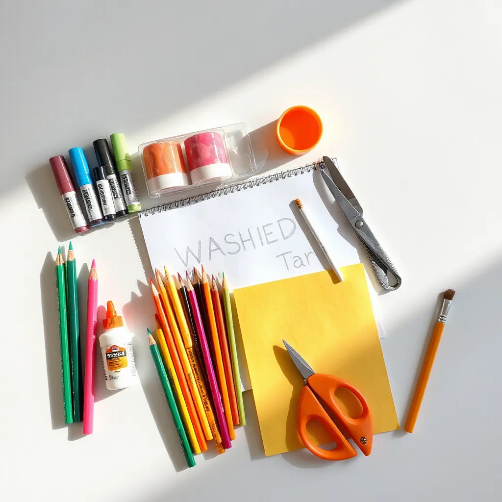 Assorted kid-friendly art supplies on a clean tabletop with markers, paints, brushes, scissors, and paper