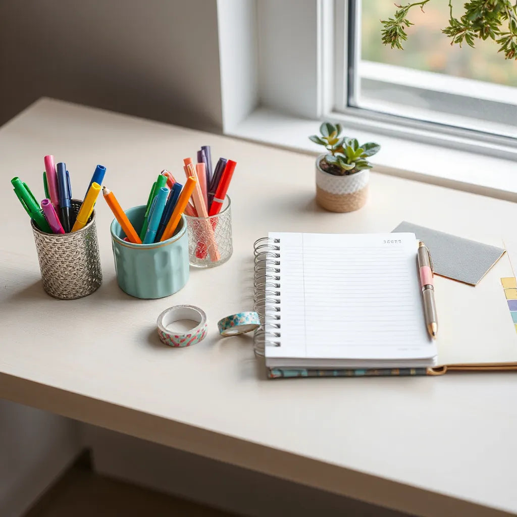 Colorful pens, sticky notes, washi tape, and a notebook arranged on a light wood desk
