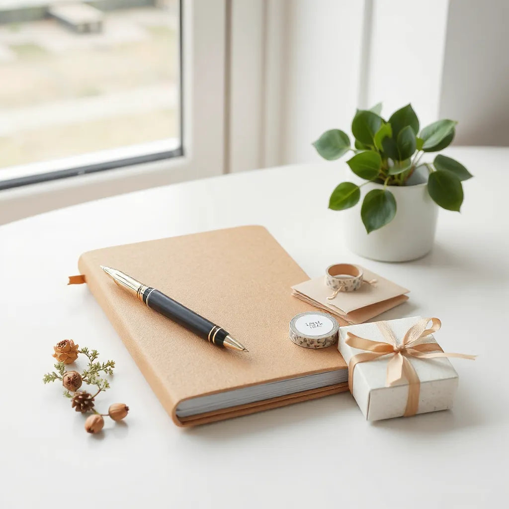 Assorted stationery gifts on a clean desk, including a notebook, pen, washi tape, and a ribbon gift box