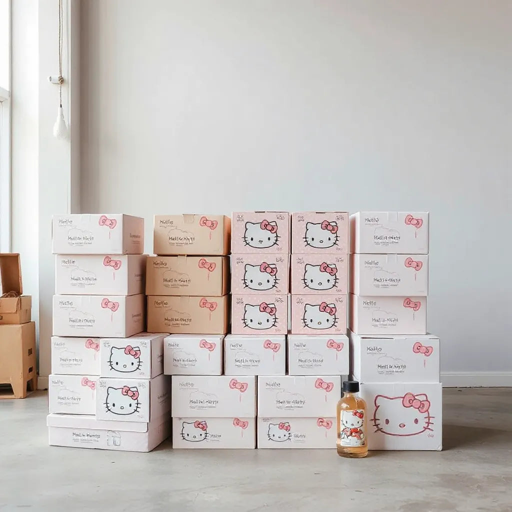 Pastel Hello Kitty-themed boxes stacked for bulk wholesale distribution