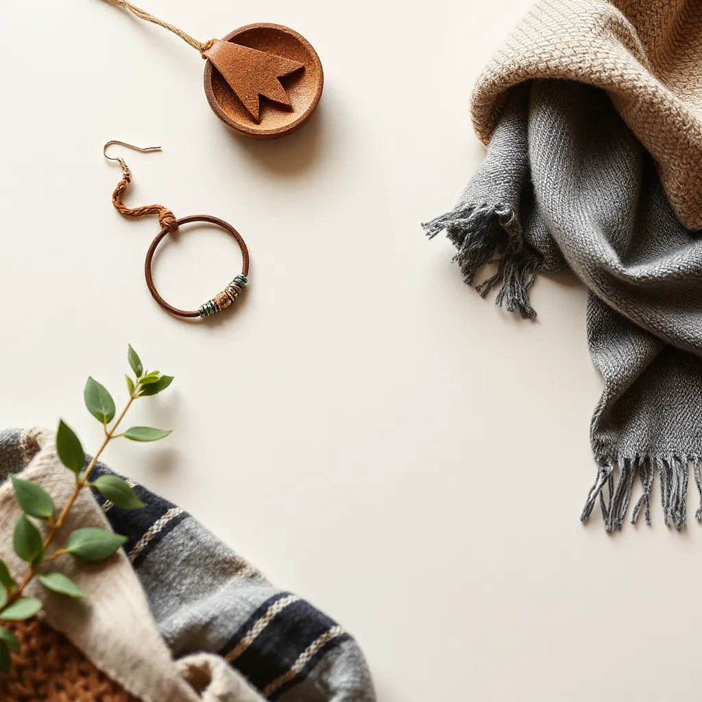 Handmade leather bracelet, silver earrings, woven tote, and scarf arranged on a neutral tabletop with soft light