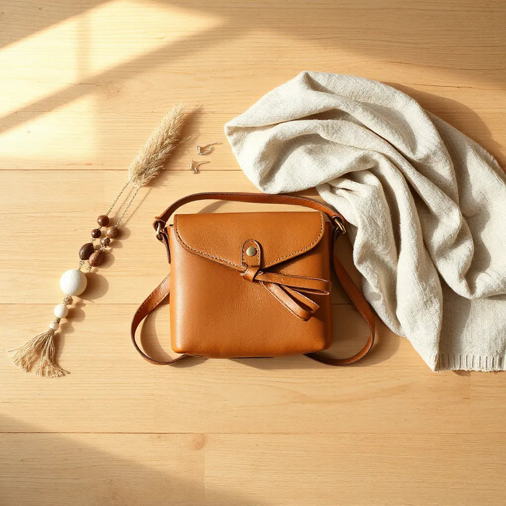 Handcrafted accessories including earrings, bracelet, scarf, and leather bag on a wooden table