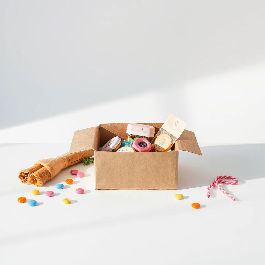 Partially opened mystery scoop box revealing assorted surprise items on a clean tabletop