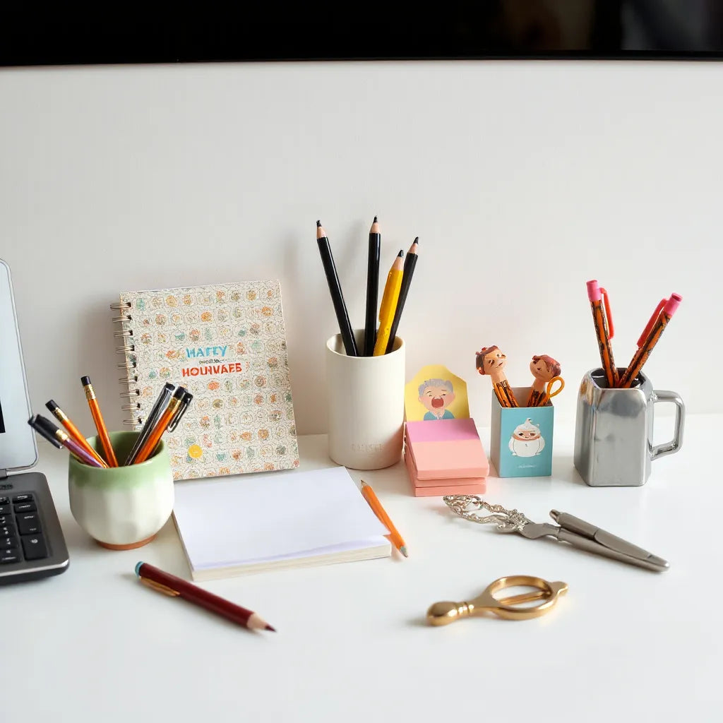 Character themed notebook, pens, and sticky notes arranged neatly on a desk with soft natural light