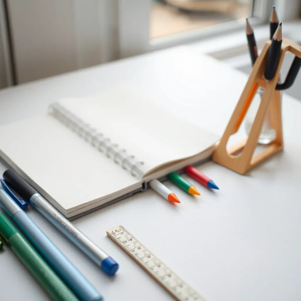 Assorted colorful pens arranged neatly beside a blank notebook on a clean desk