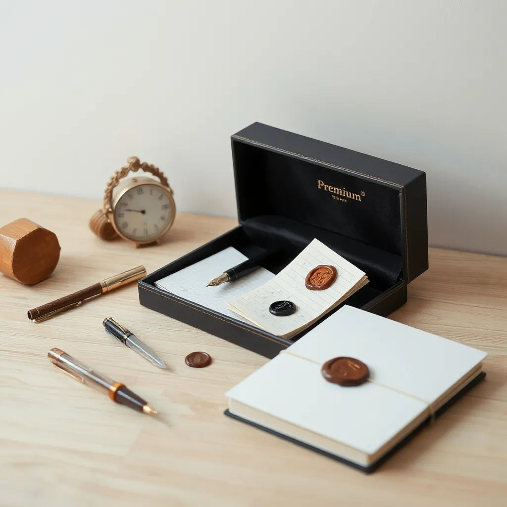 Opened premium stationery box with pen, notebook, and neatly arranged papers on a clean desk