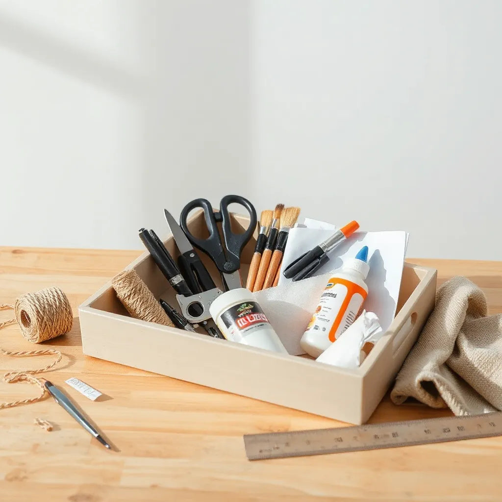 Assorted crafting tools and paper supplies laid out on a clean work surface