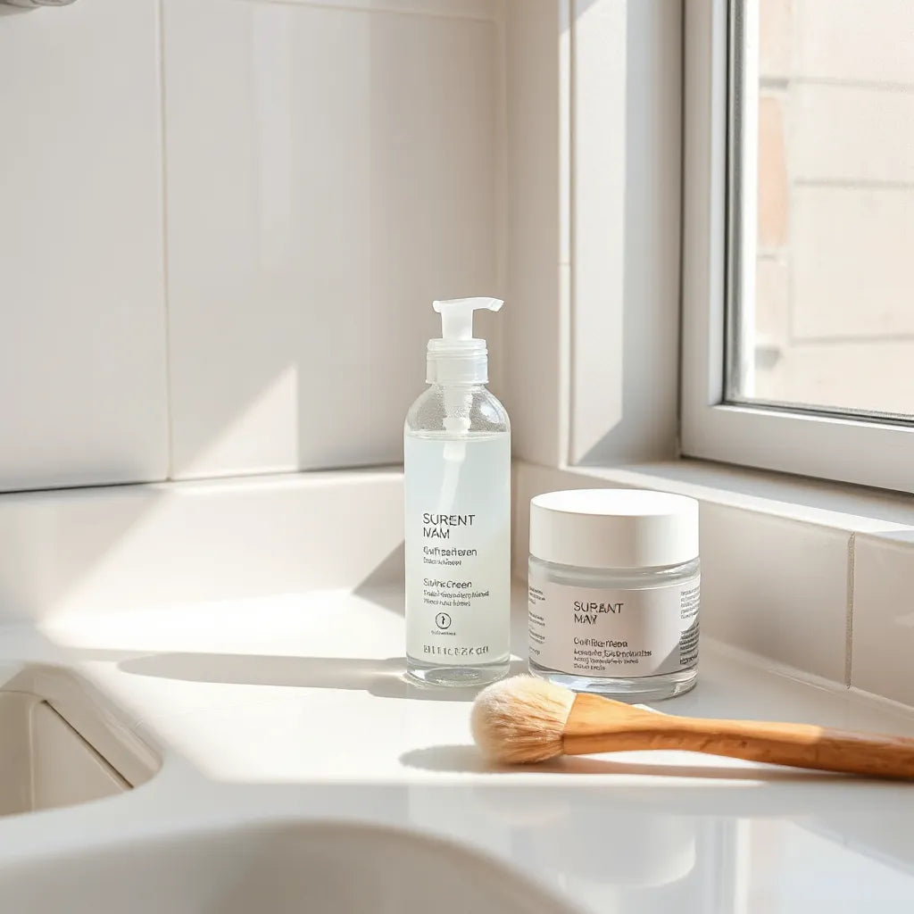 Sunscreen and facial moisturizer arranged on a clean vanity near a sunny window
