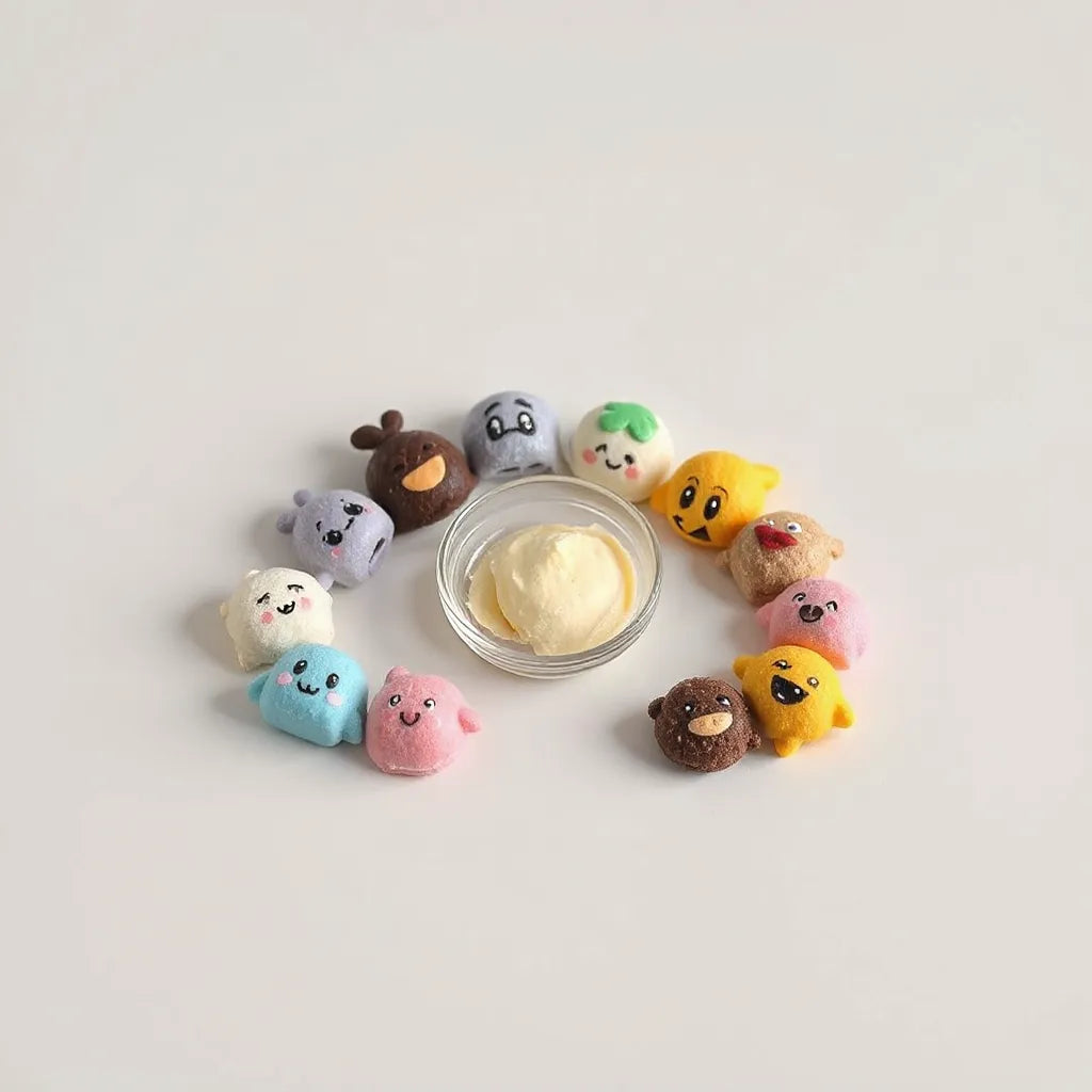 Assorted character-style scoop items on a clean table with a small bowl of pale dessert