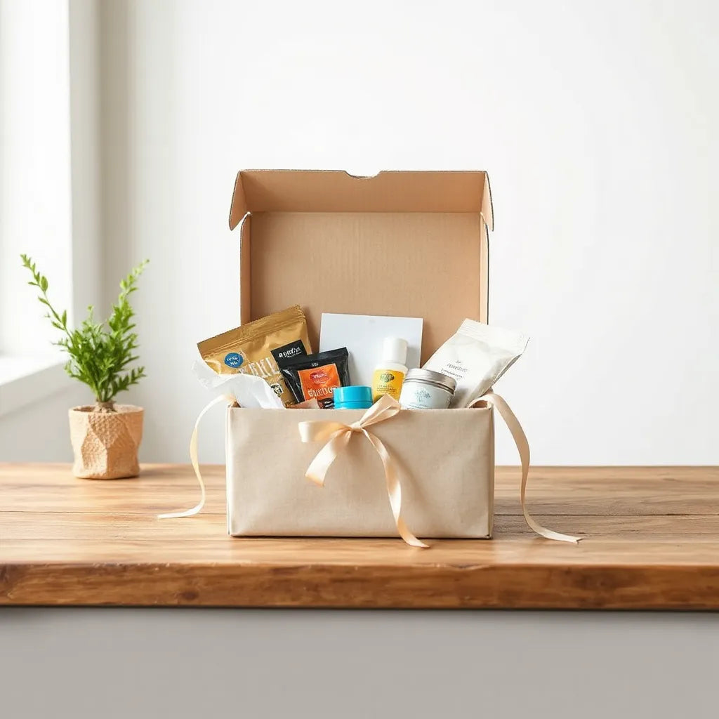 Wrapped premium gift box on a wooden table with a glimpse of assorted treats and small personal items