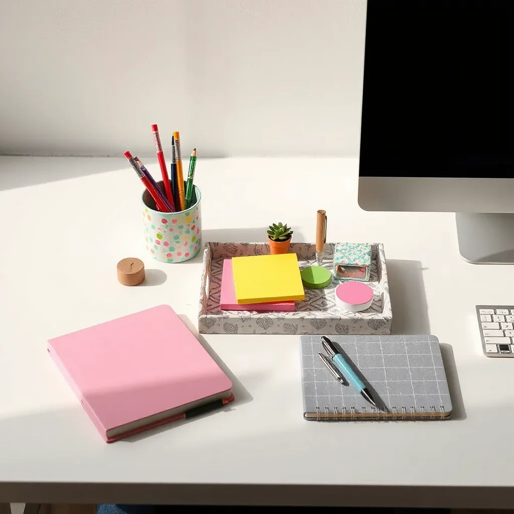 Colorful desk accessories on a tidy workspace with pens, sticky notes, and an organizer tray