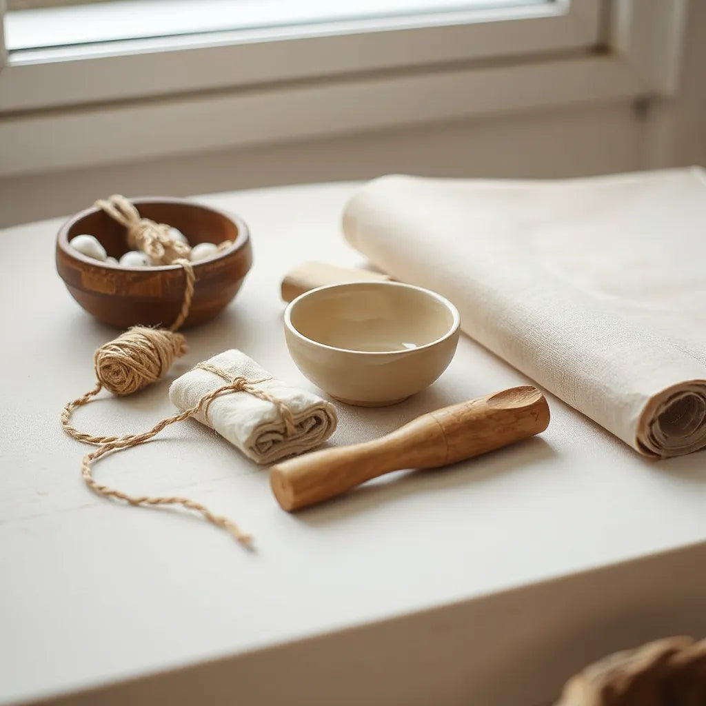 Handmade craft supplies on a clean tabletop, including ceramic, fabric swatches, and wood tools