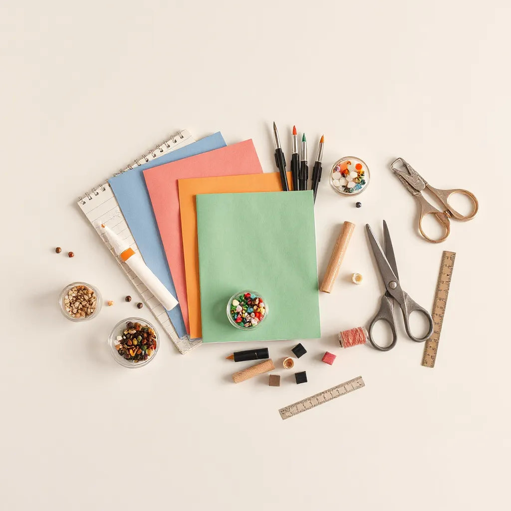 Organized set of craft tools and materials including paper, scissors, glue, paint, and beads on a light background