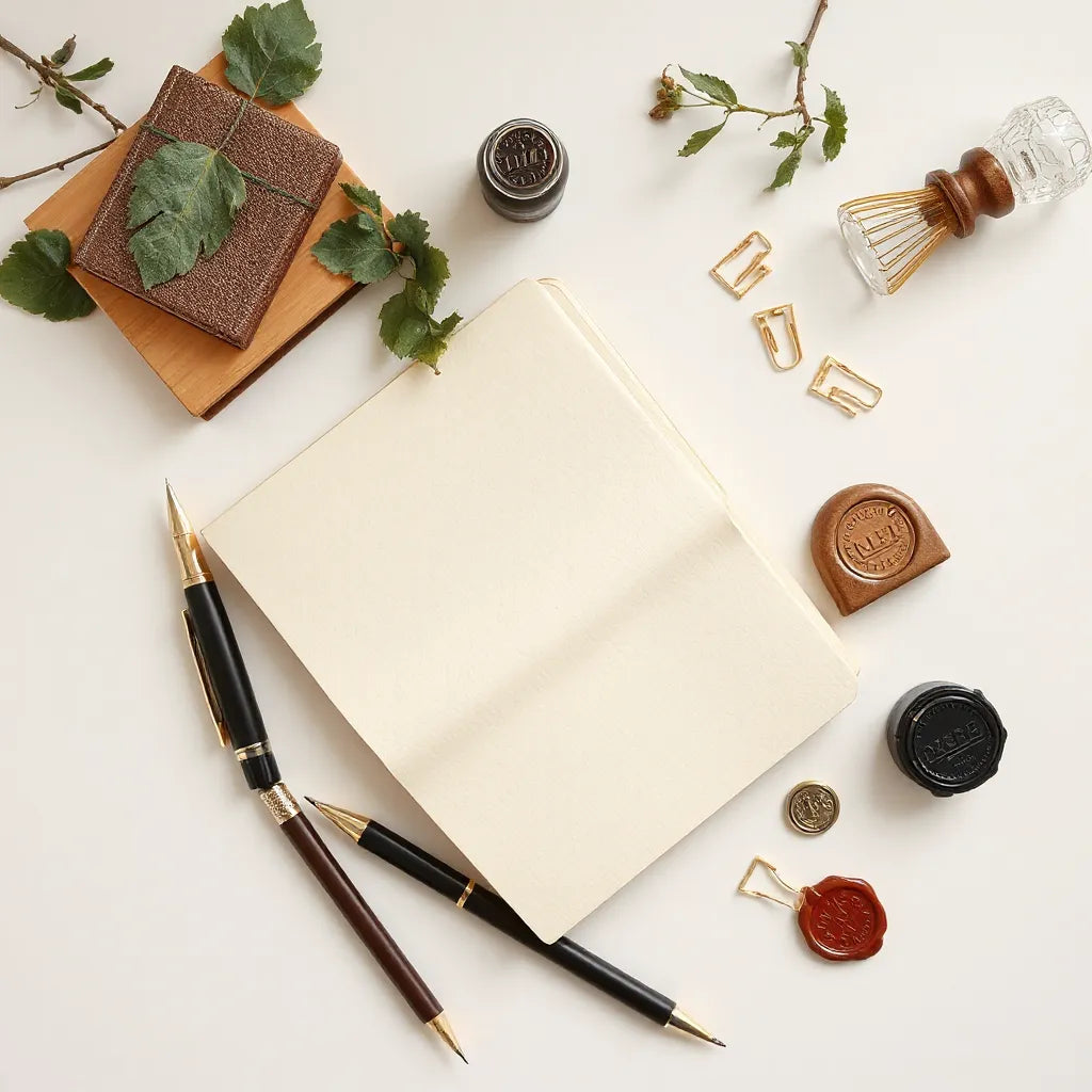 Neatly arranged fountain pen, notebook, pencils, paper clips, and a wax seal stamp on a light tabletop