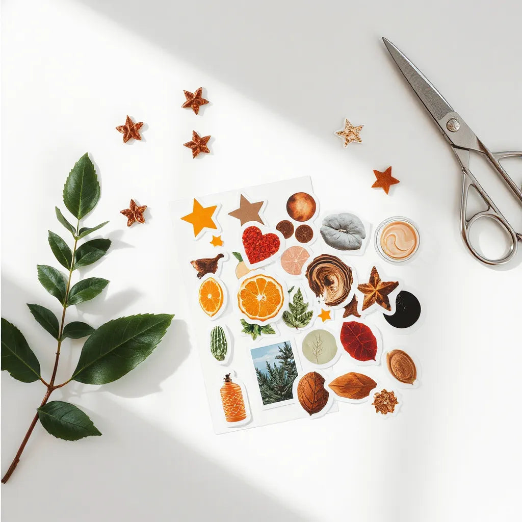Assorted unique stickers and sticker sheets arranged on a light tabletop in soft natural light