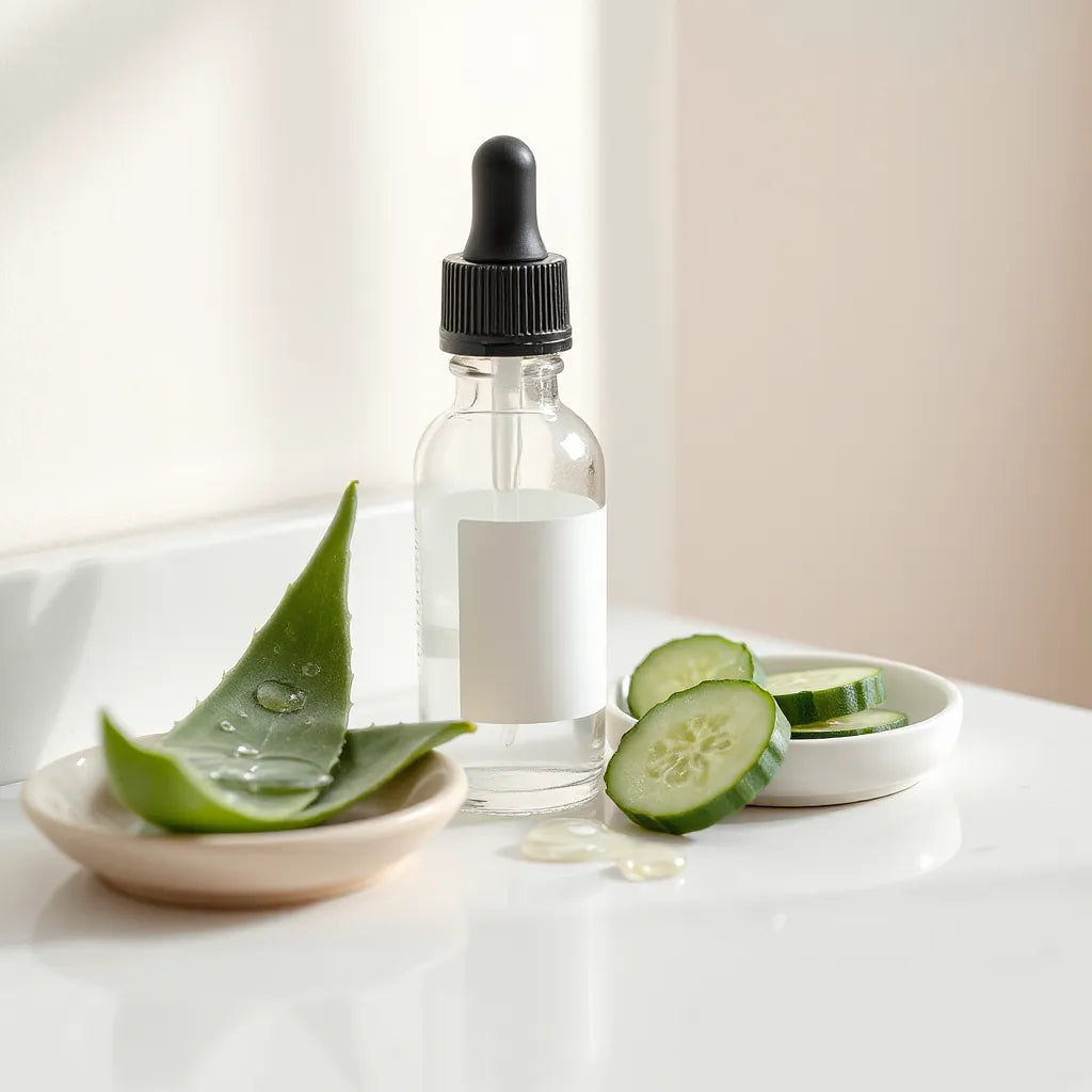 Organic face serum dropper bottle with natural ingredients on a clean vanity surface