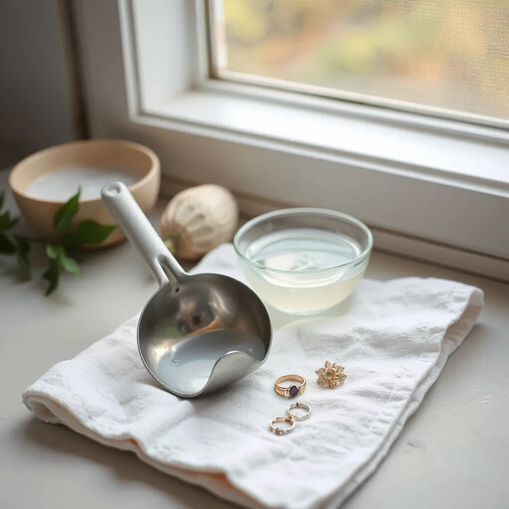 Manual jewelry cleaning scoop beside soapy water and delicate rings on a white cloth