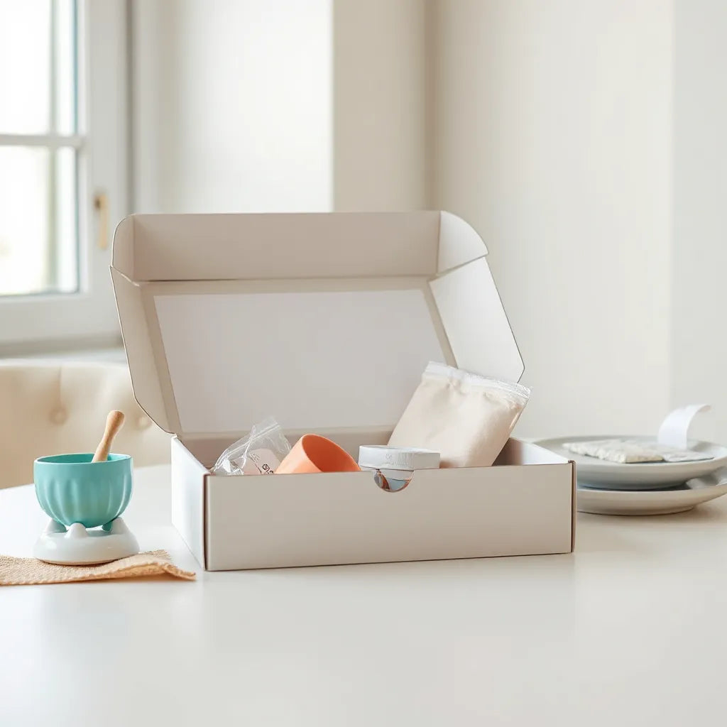 Stylish mystery box with pastel surprise items and a subtle scoop-themed accent on a clean tabletop