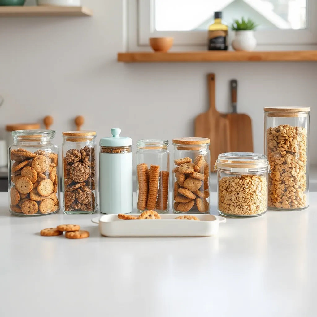 A tidy kitchen countertop with airtight snack containers and organized treats in clear storage bins