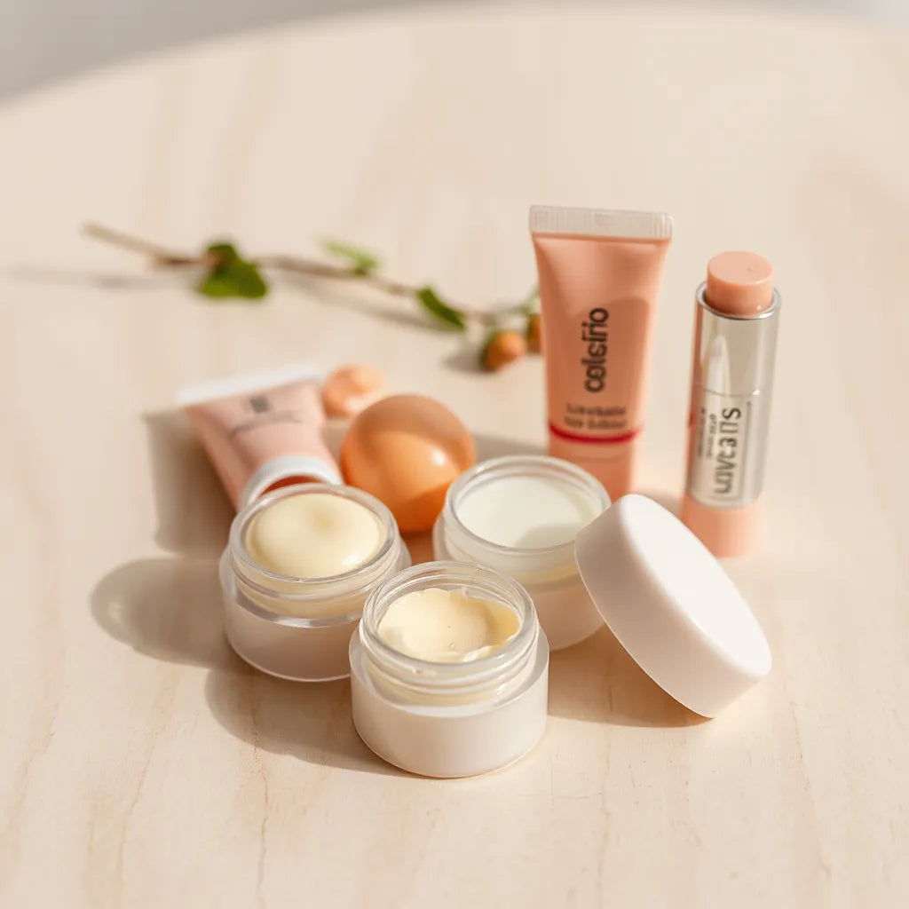 Moisturizing lip balm tubes and a small open container with creamy balm on a light wood surface