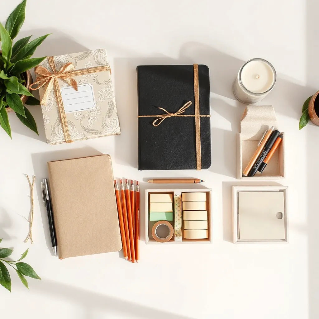 Neatly arranged stationery gift set on a desk with notebooks, pens, sticky notes, and tape