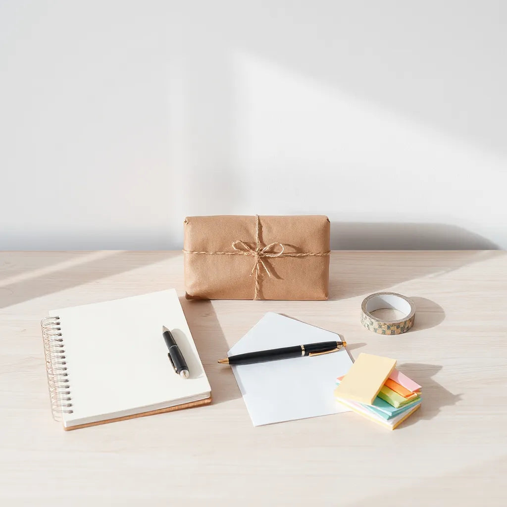 Wrapped stationery surprise package on a clean desk with notebook, pen, washi tape, and sticky notes