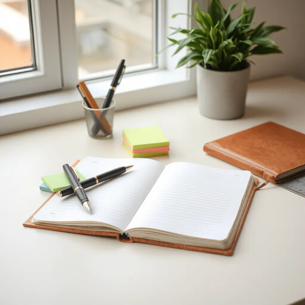 Open journal on a desk with pens and sticky notes for organized writing