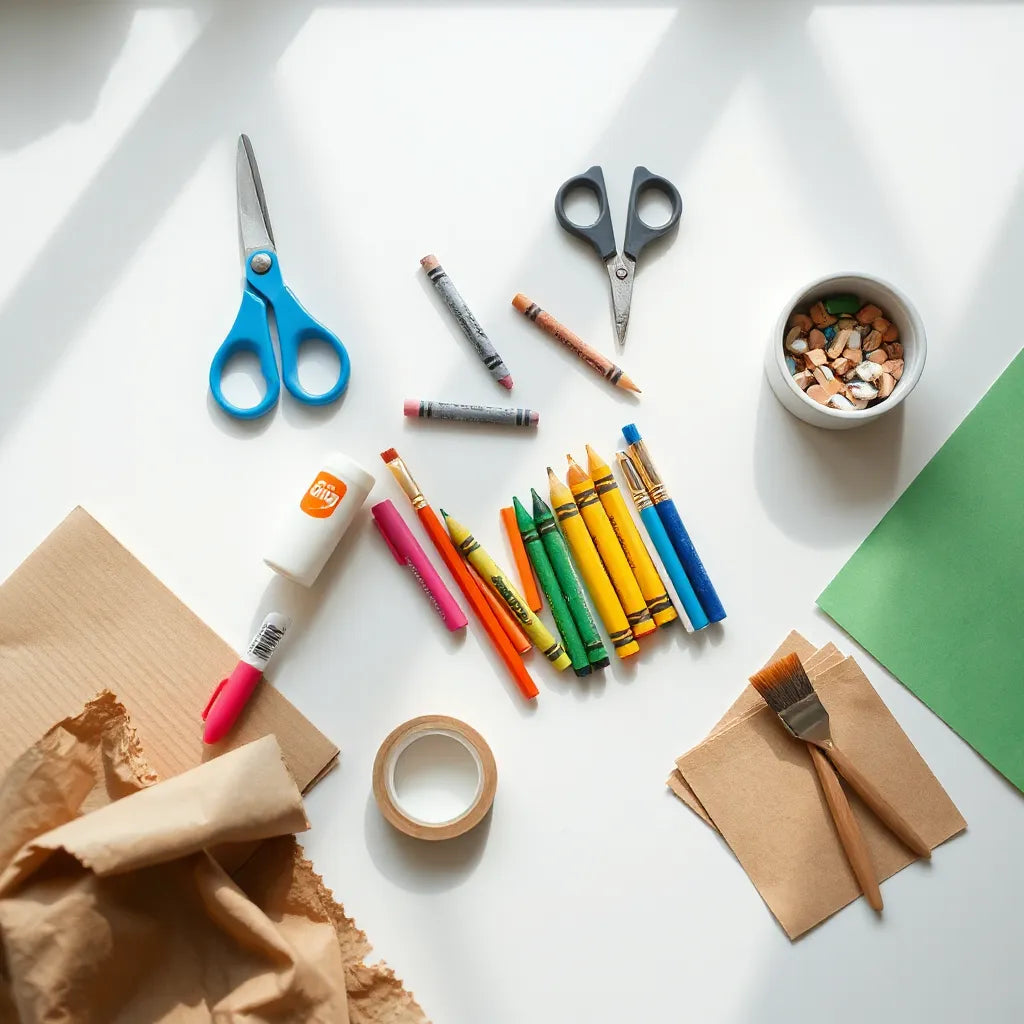 Kid-friendly crafting supplies neatly arranged on a table for hands-on art projects