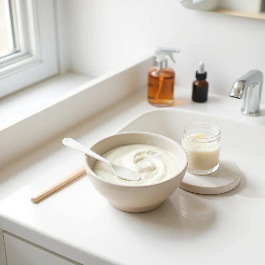 Ceramic bowl of creamy hydrating facial mask with spatula on a minimal vanity