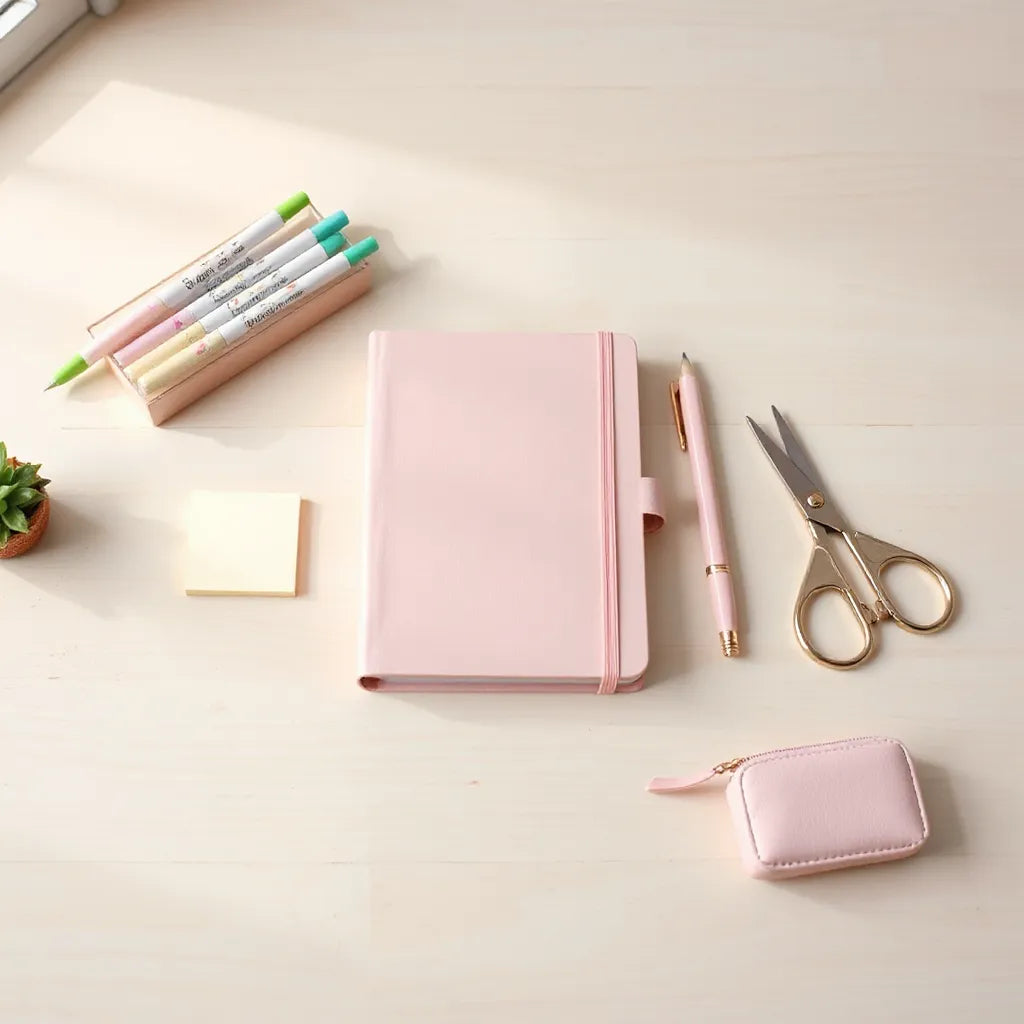 Pastel notebook and gel pens arranged neatly on a light wood desk