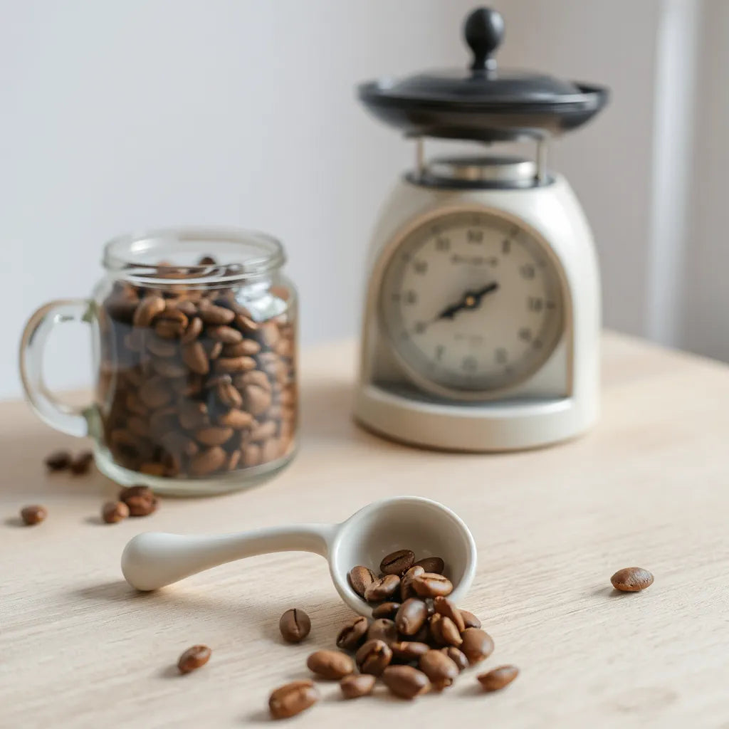 Ceramic coffee scoop on a wooden counter beside coffee beans and a simple scale
