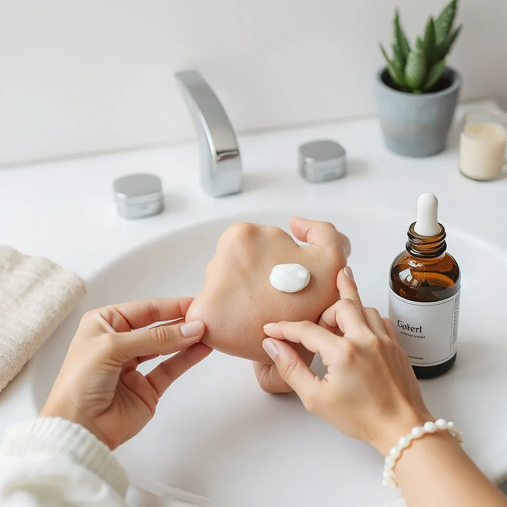 Hands applying gentle moisturizer to calm irritated skin with a dropper bottle and cotton pad nearby