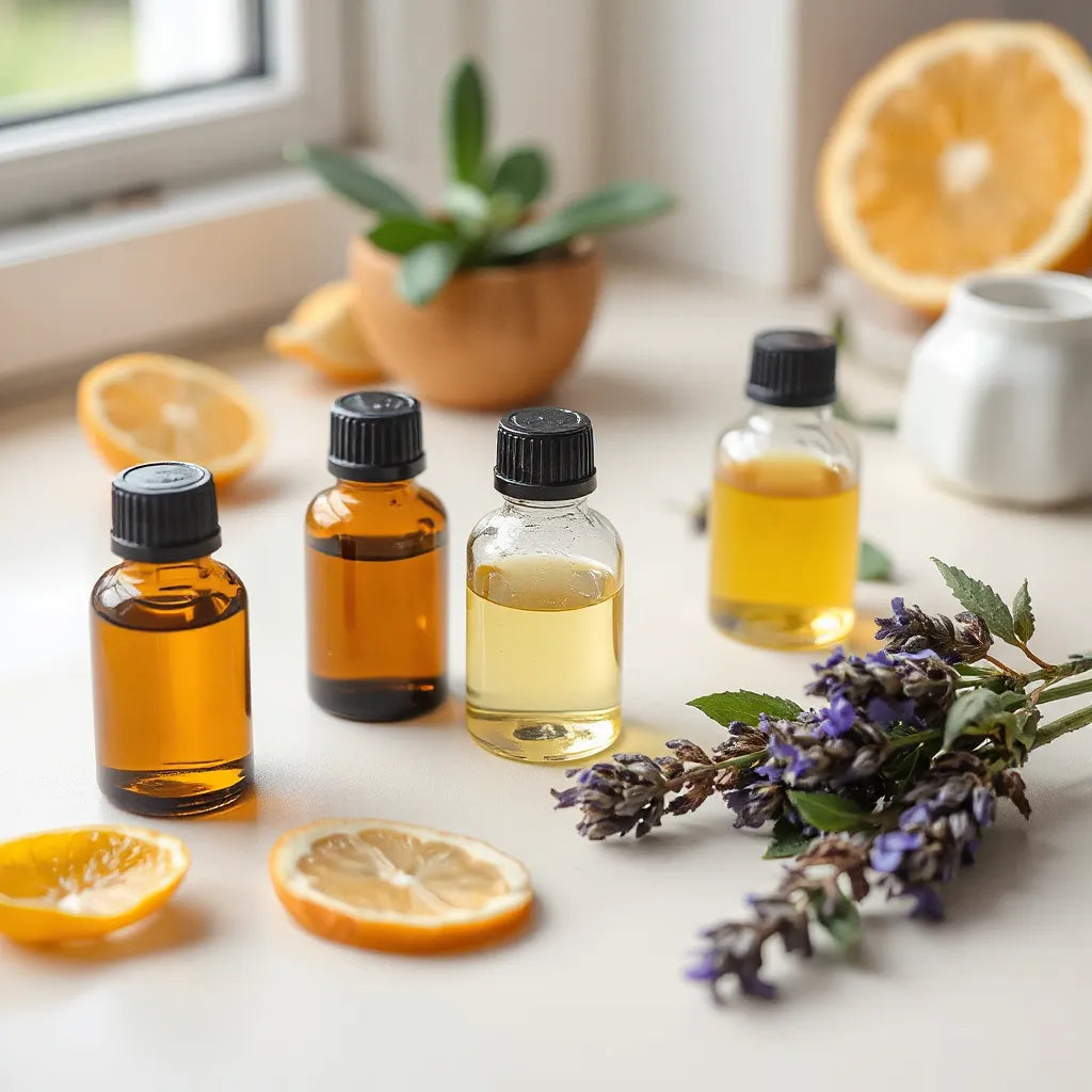 Small bottles of essential oil blends with lavender and citrus botanicals on a light tabletop