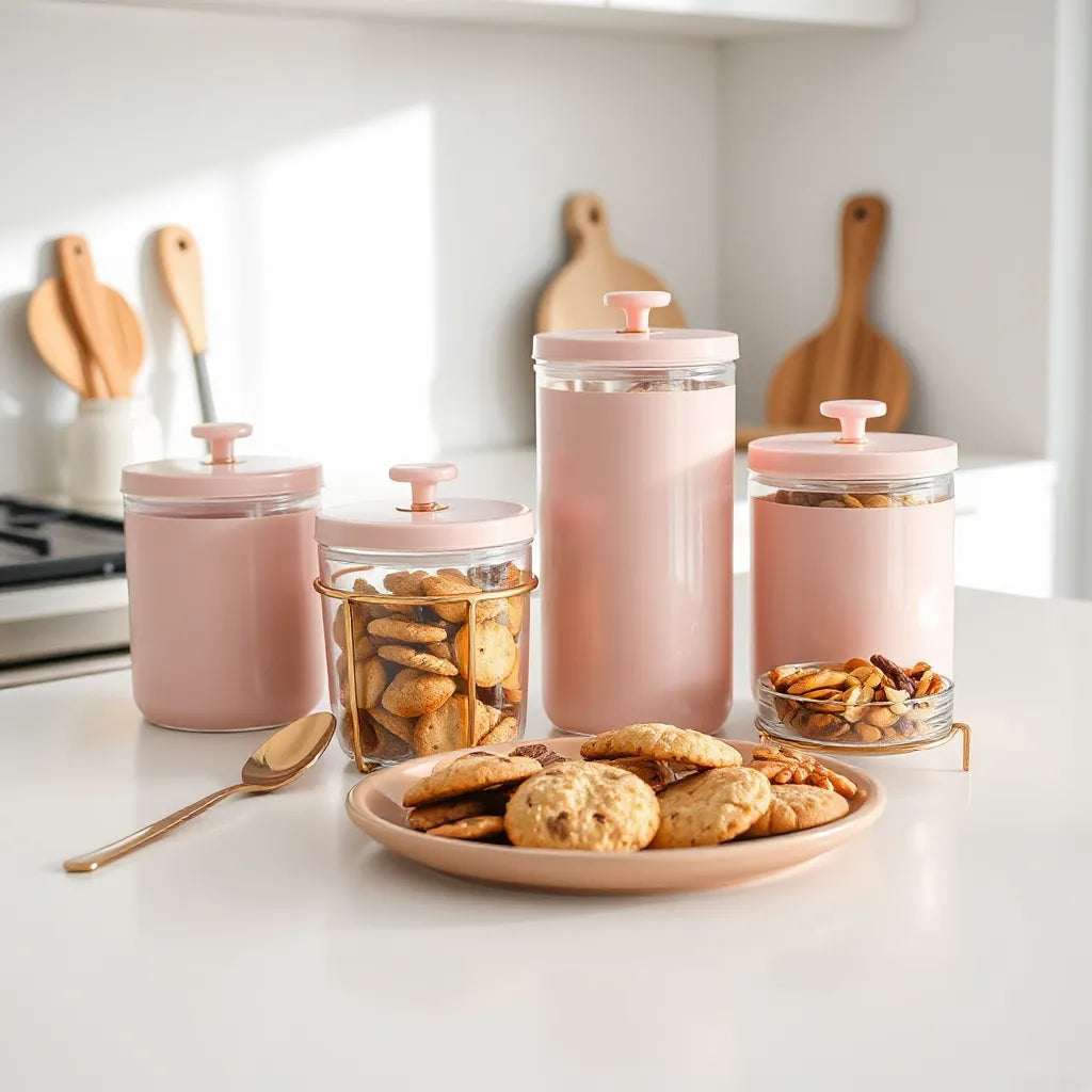 Pink and gold snack containers on a kitchen counter with neatly arranged cookies and crackers