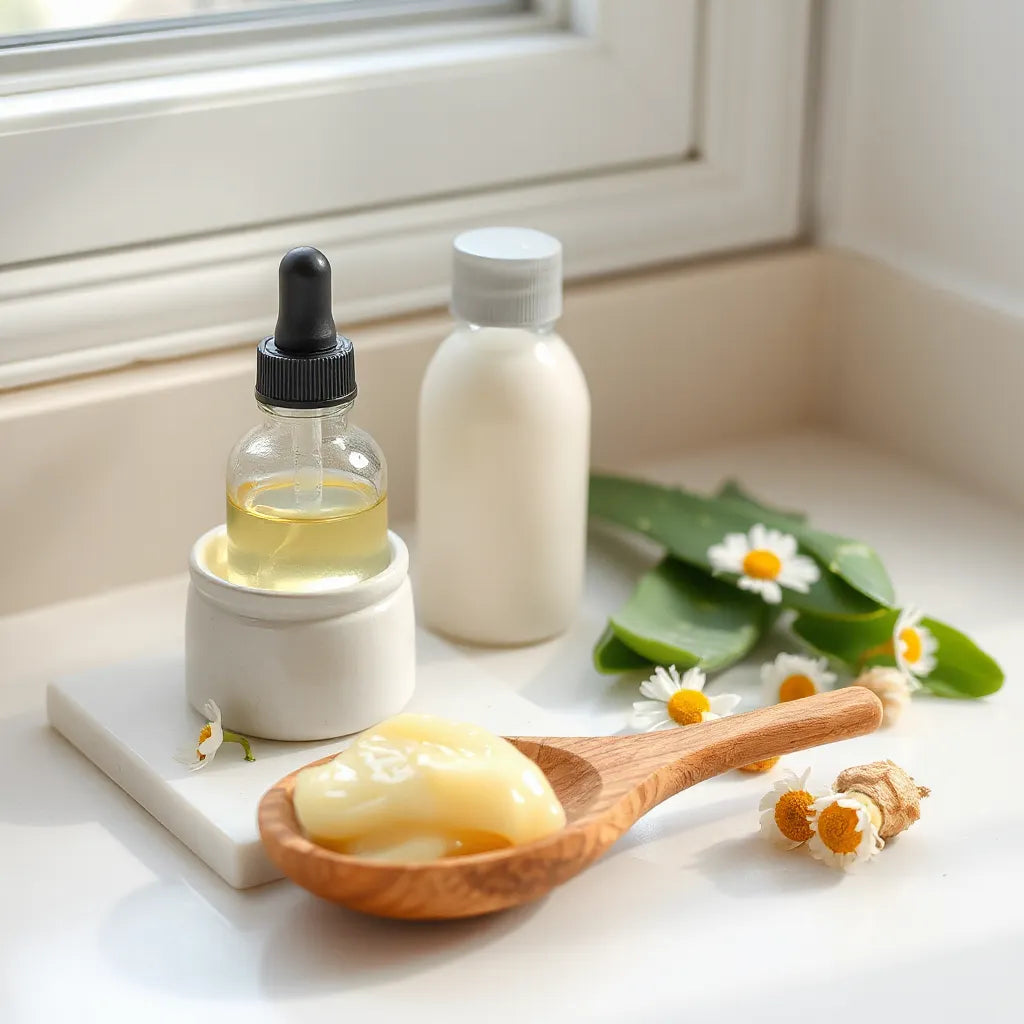 Natural skincare items with dropper bottle, cream jar, aloe leaves, and chamomile flowers on a minimal vanity