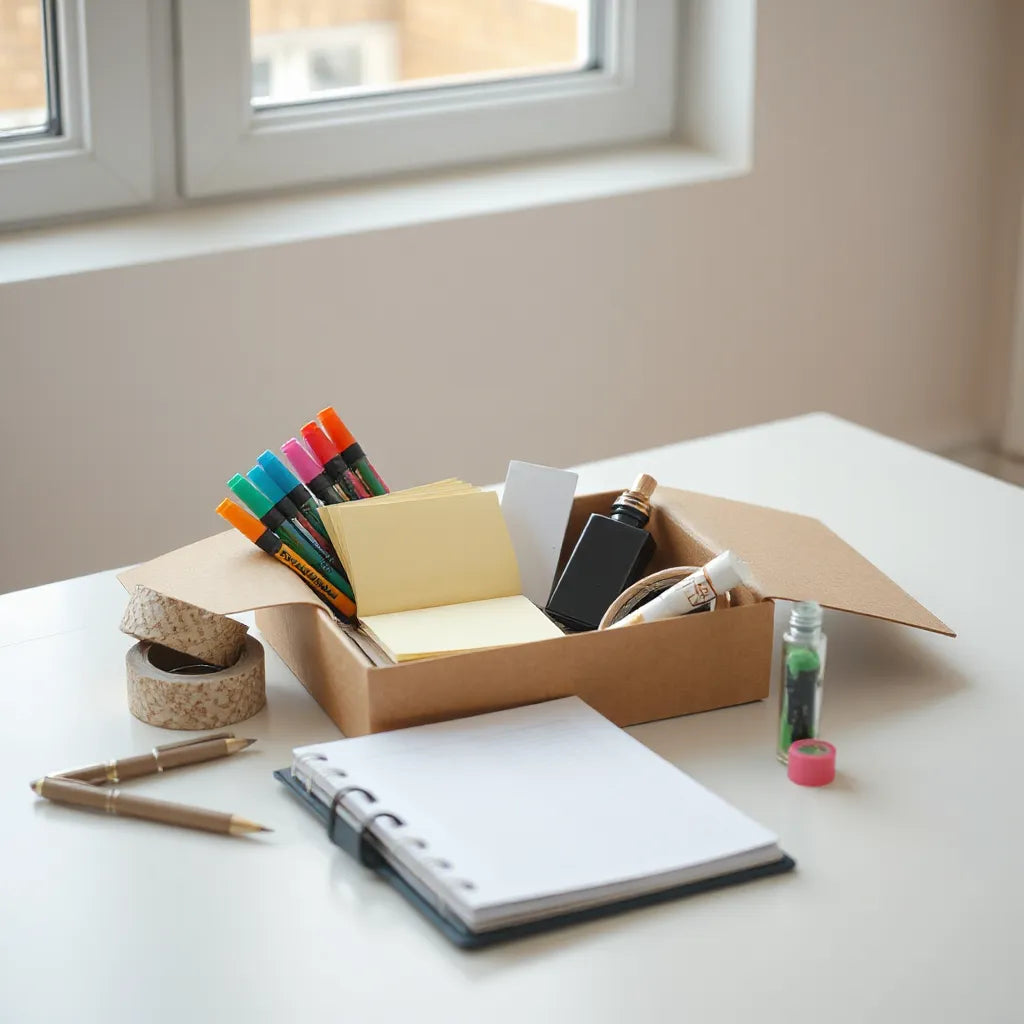 Open stationery mystery box with pens, notepad, sticky notes, and washi tape arranged on a desk