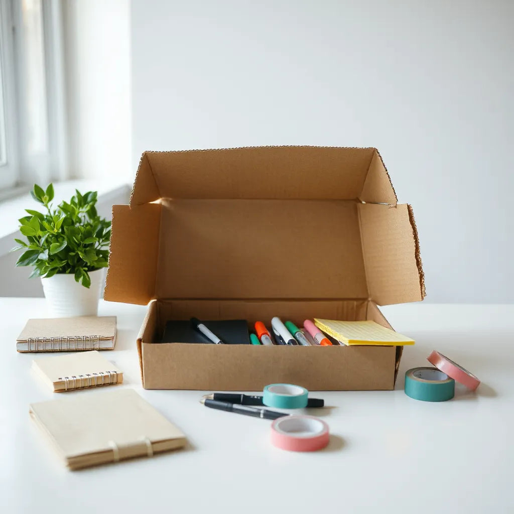 Opened stationery mystery box with neatly arranged notebooks, pens, and sticky notes on a clean tabletop