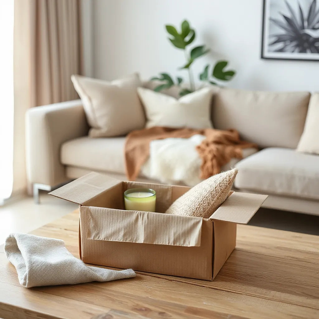 Unmarked mystery box with neatly wrapped decor items on a living room table