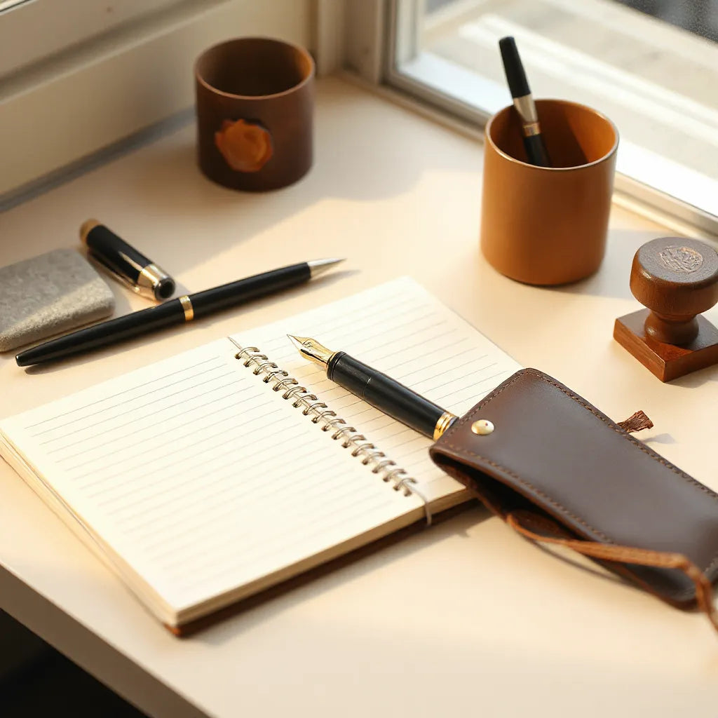 Elegant fountain pen and fine paper on a minimal desk with a lined notebook and wax seal stamp
