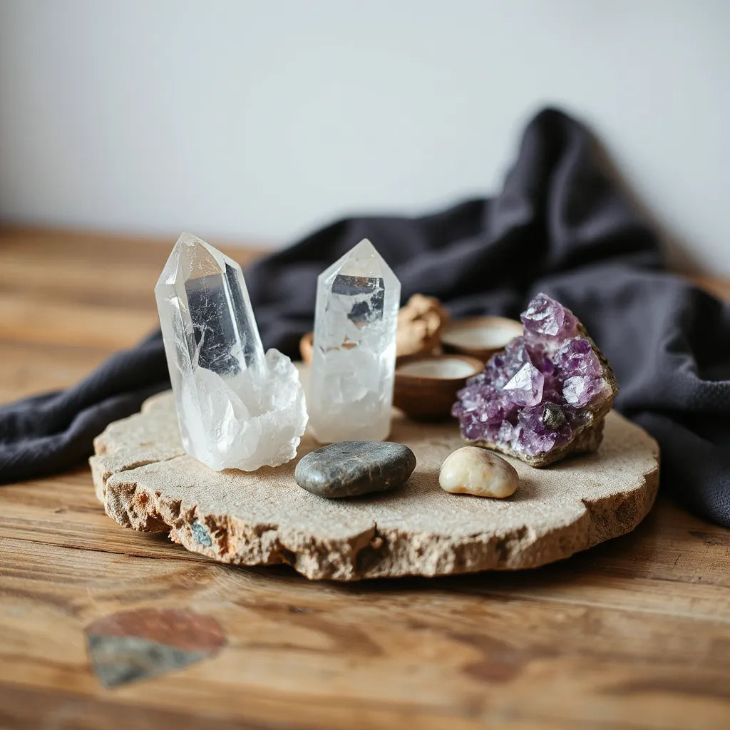 Assorted crystal specimens including quartz and amethyst on a wooden tray under soft light